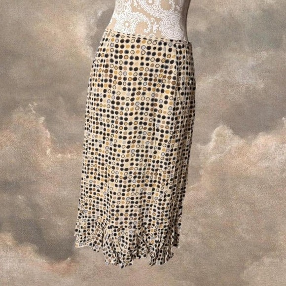 Sigrid Olsen Sport Polka Dot Midi Skirt Beige Black Ruffle Hem Boho Size 8 - Picture 1 of 5